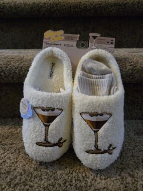 Moon Cake Cream Fuzzy Ladies Slippers with Espresso Martini Embroidery